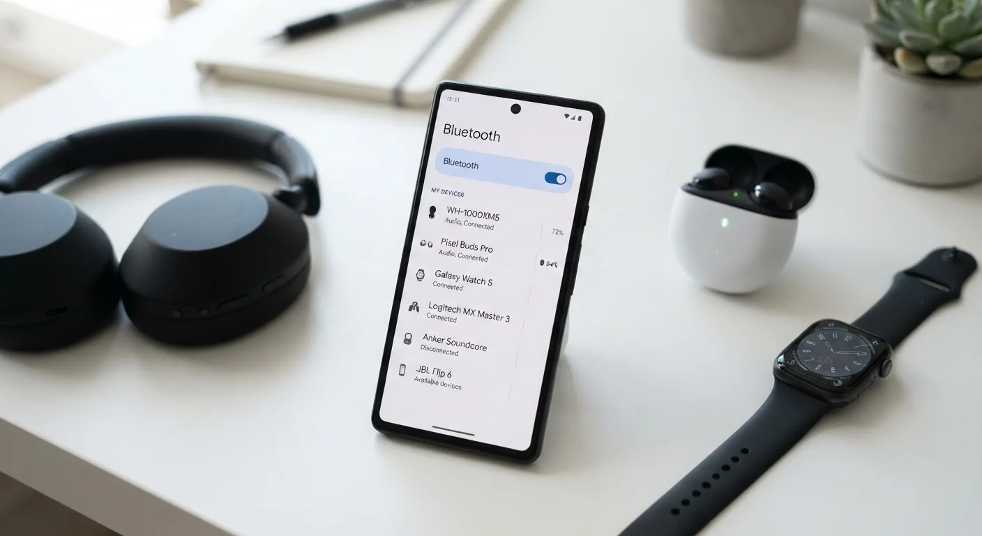 Smartphone showing Bluetooth version settings surrounded by wireless earbuds and a smartwatch
