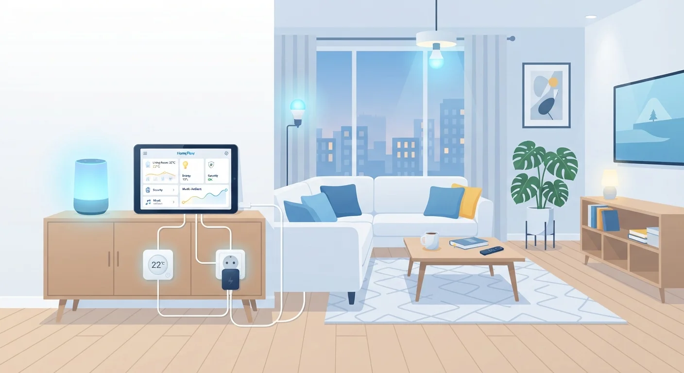 Smart home devices arranged in a modern living room with a digital home automation interface