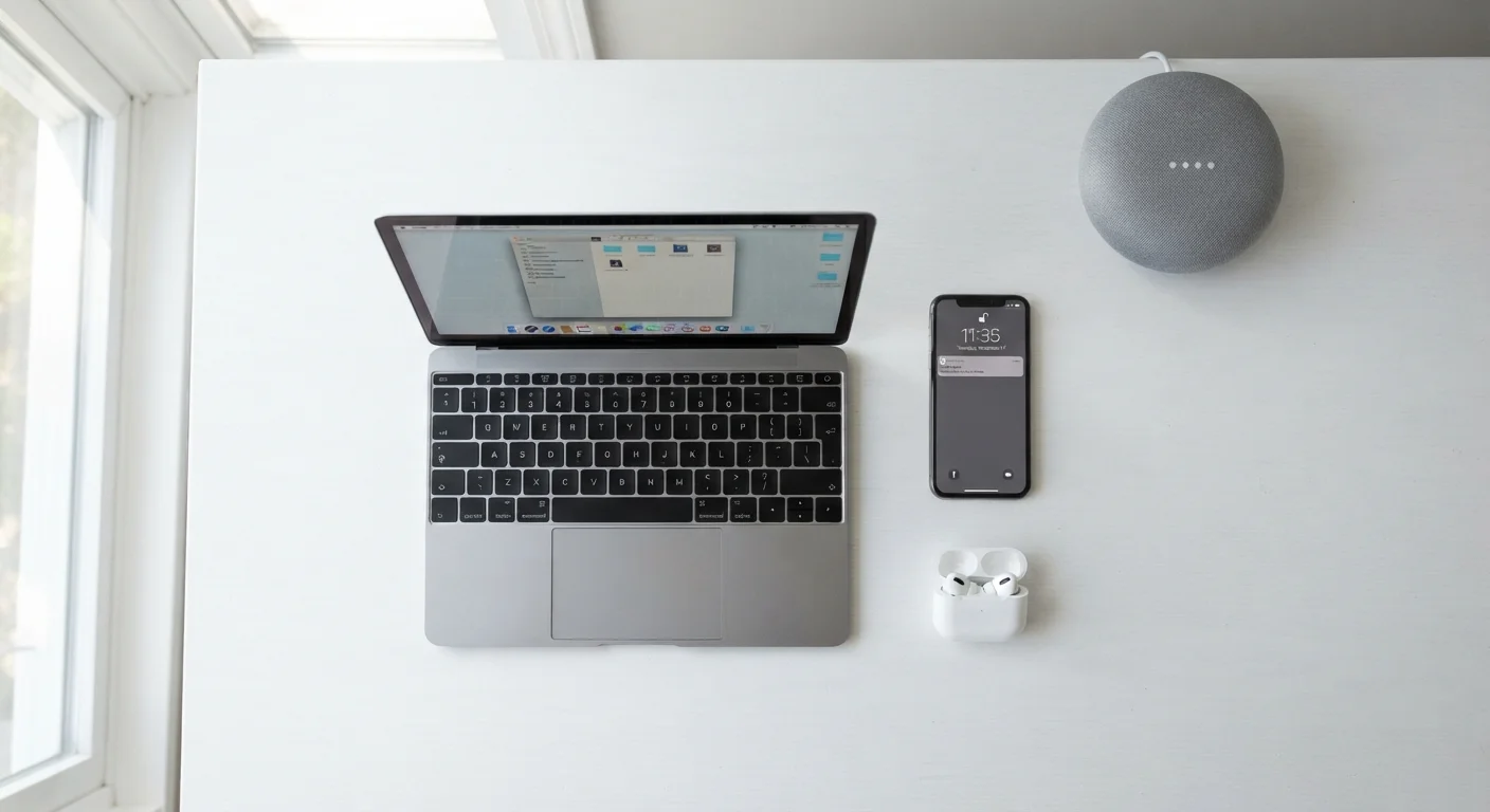 Flat lay of common consumer electronics including a smartphone, laptop, earbuds, and smart speaker on a white surface