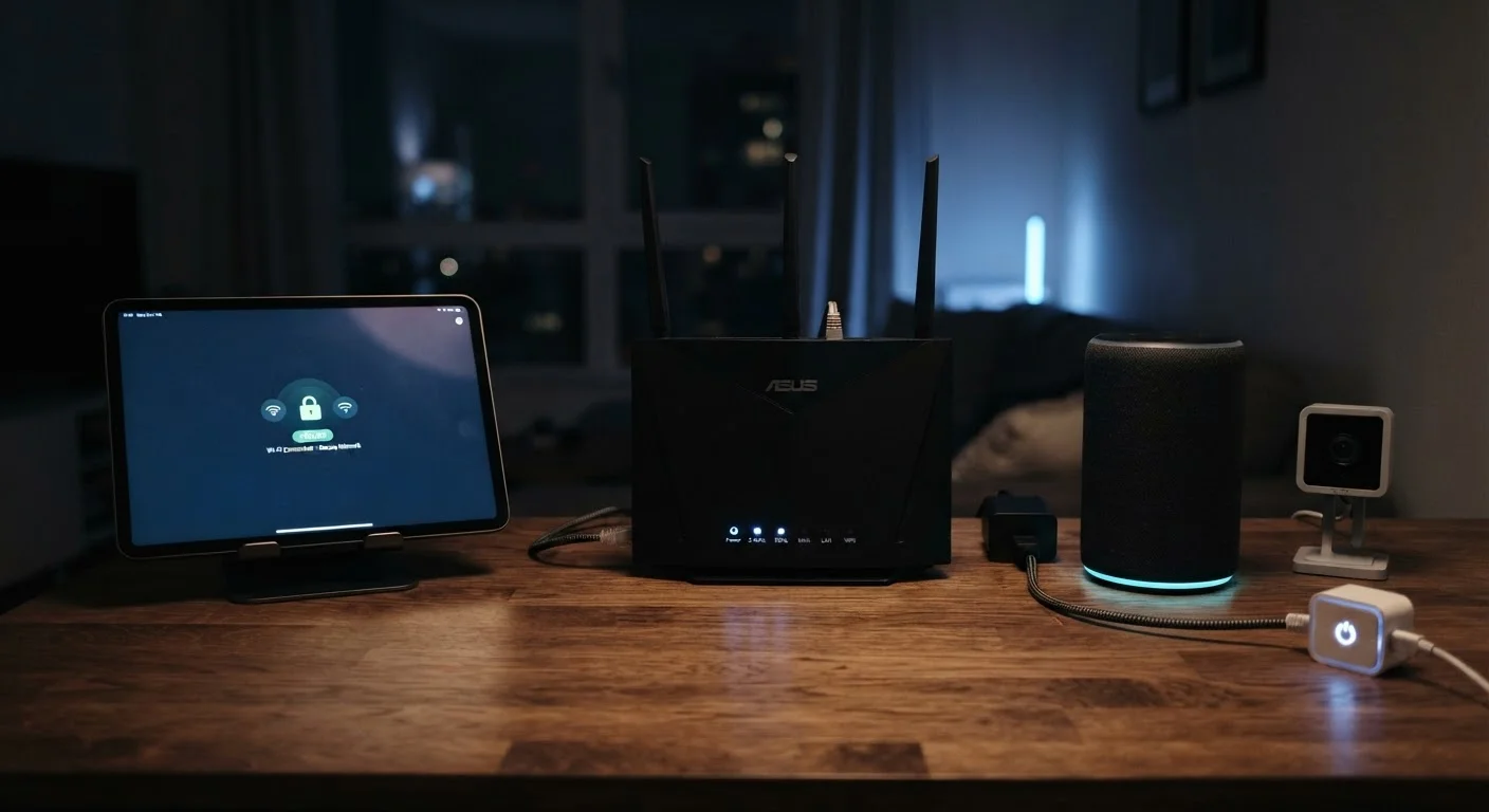 Home router with smart devices on a desk, representing home network security