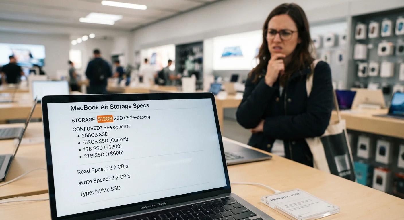 Laptop screen showing storage specifications with numbers highlighted, shopper in background