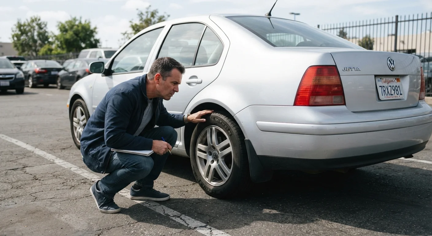 A buyer crouching to inspect the wheel well of a used sedan in a sunny parking lot.