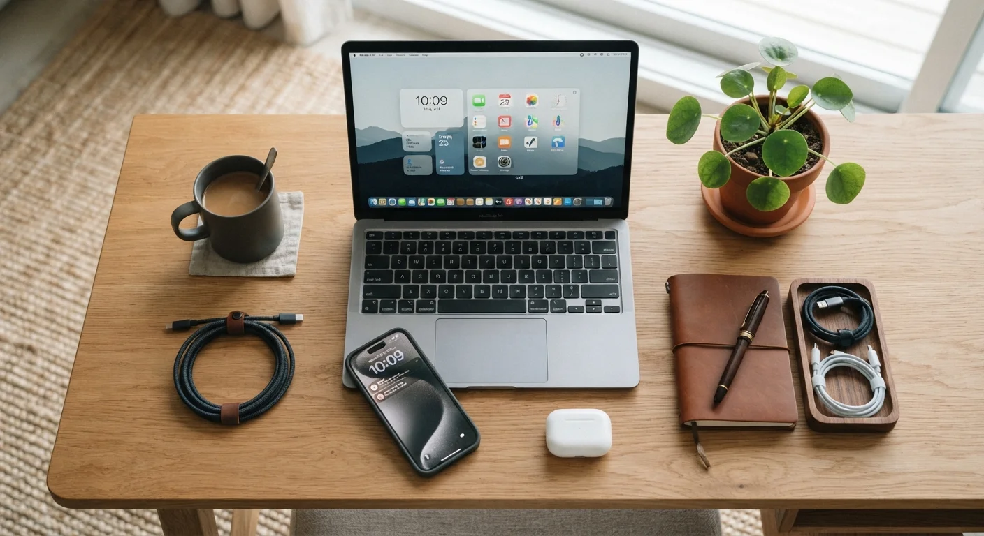 Laptop, smartphone, and earbuds arranged neatly on a wooden desk in a tidy home workspace
