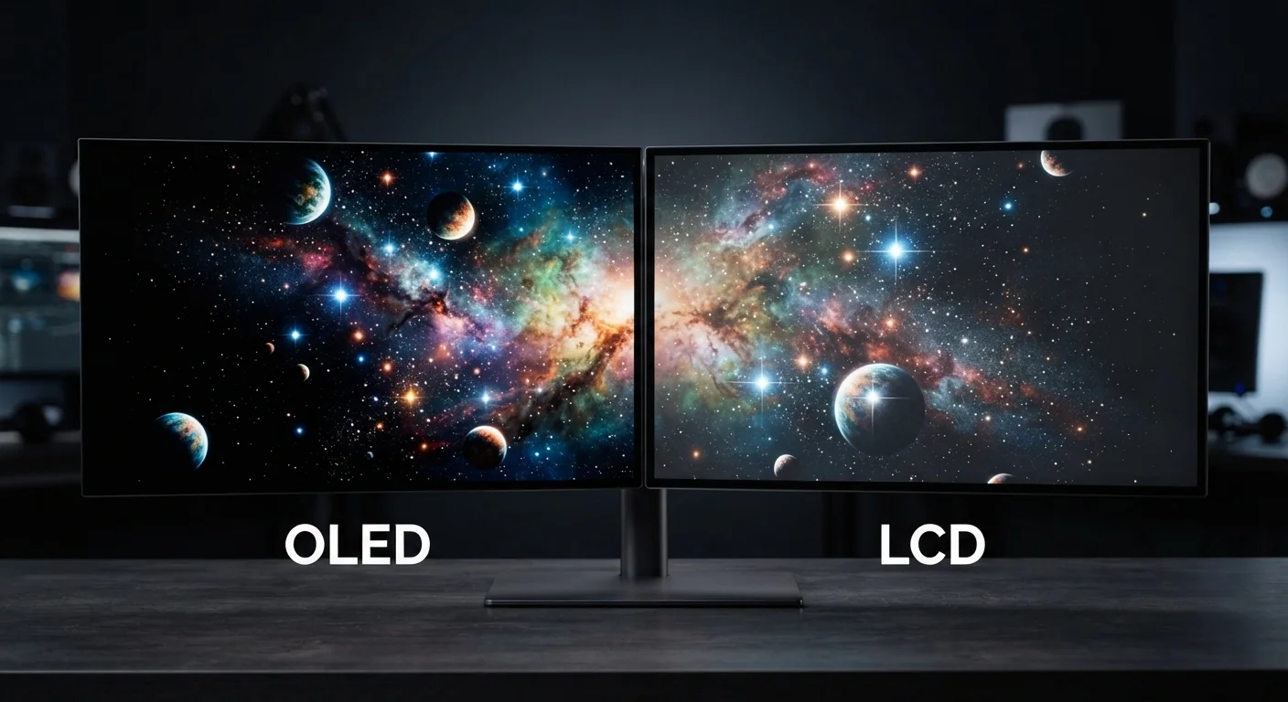 Side-by-side comparison of an OLED display and an LCD display showing contrast differences