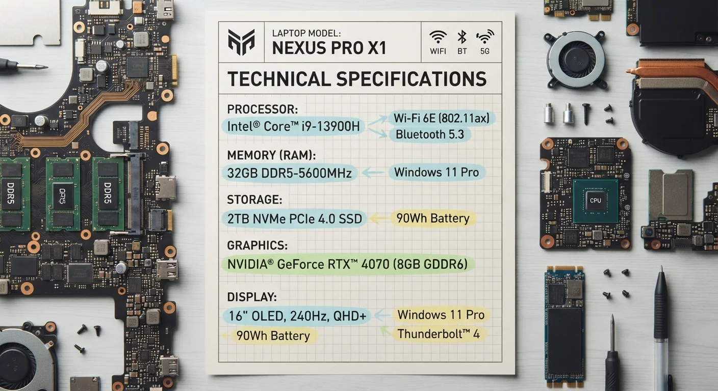 A printed electronics spec sheet with highlighted RAM, storage, and processor specifications