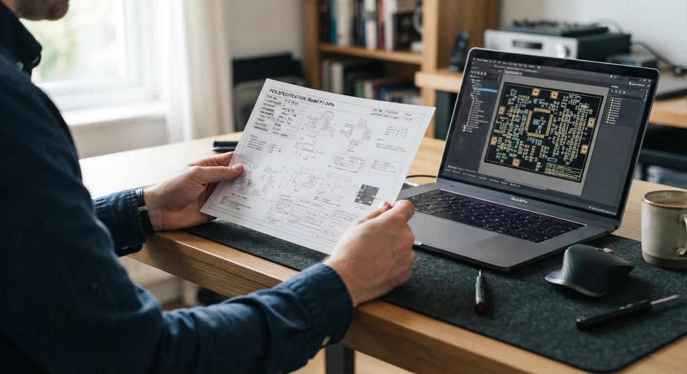 Person reviewing a printed electronics specification sheet next to an open laptop on a desk