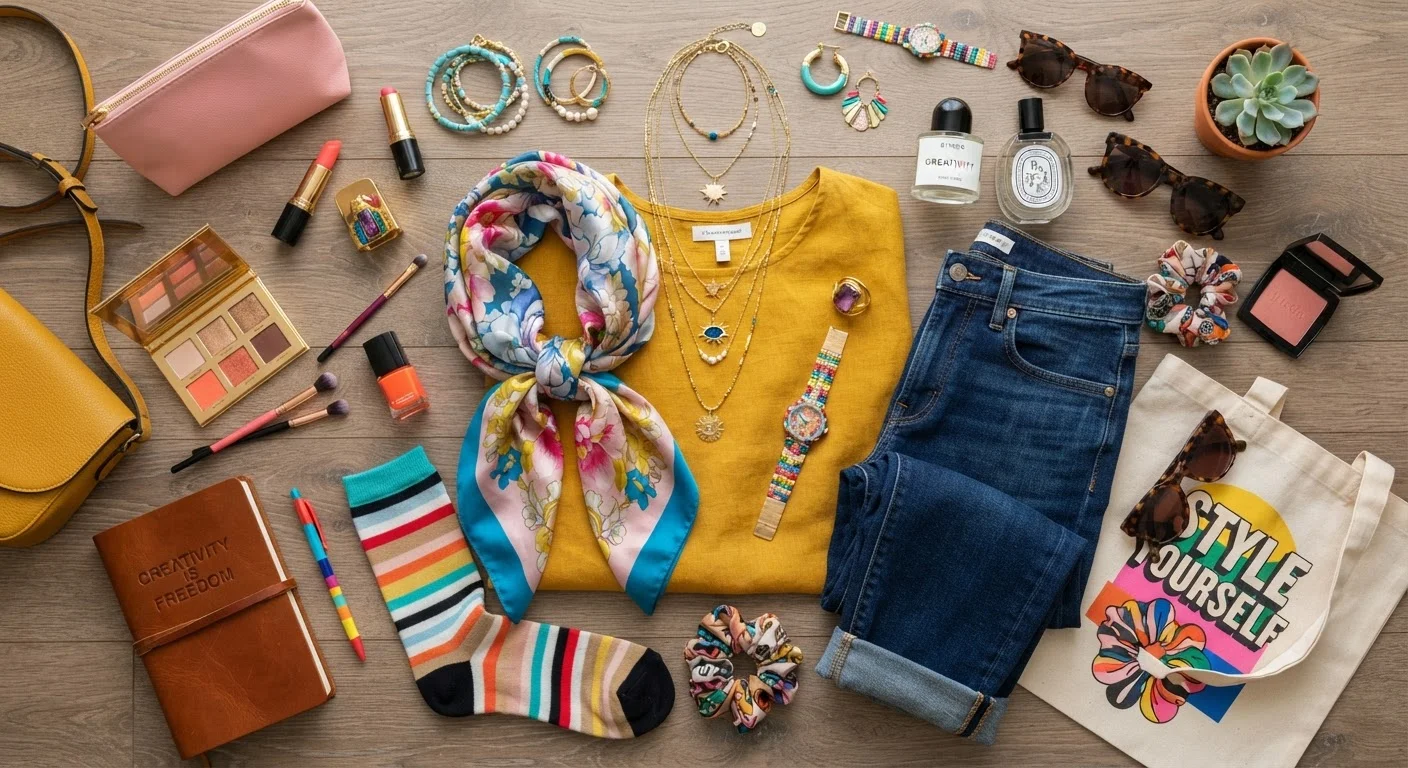 Colorful clothing, accessories, and beauty products arranged as a flat-lay representing personal style and self-expression