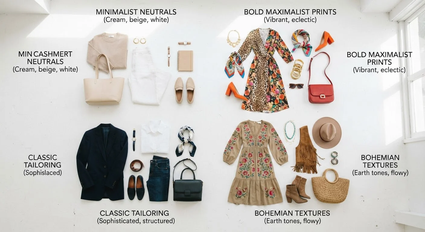 Flat lay of fashion items grouped by distinct style archetypes including minimalist, classic, and maximalist aesthetics