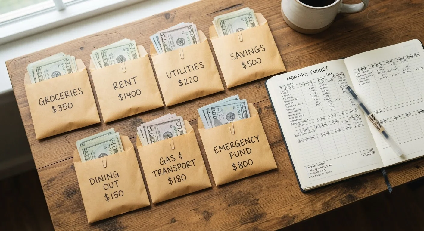 Labeled cash envelopes arranged on a desk alongside a handwritten budget notebook