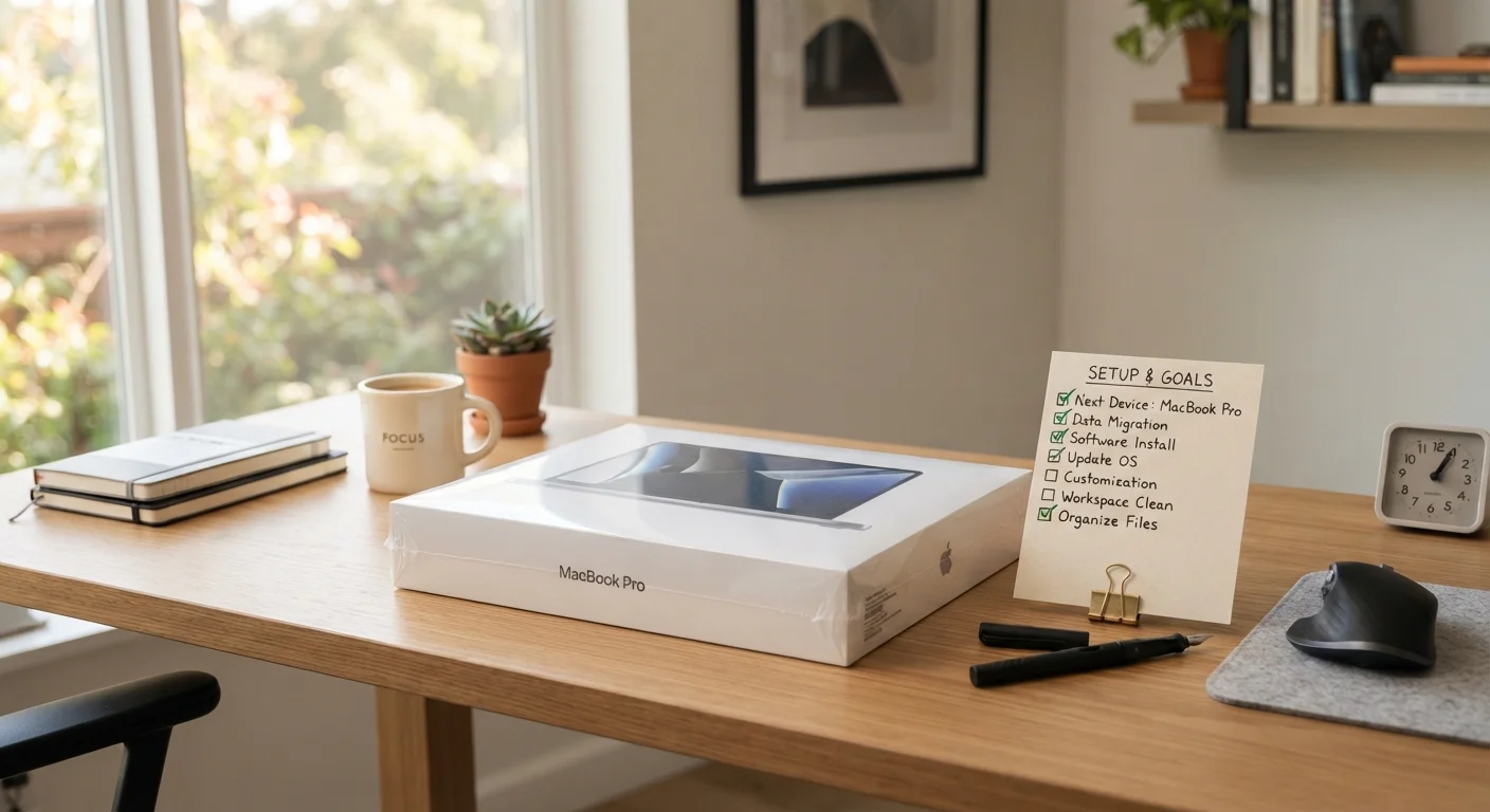New electronic device in packaging on a desk next to a printed setup checklist
