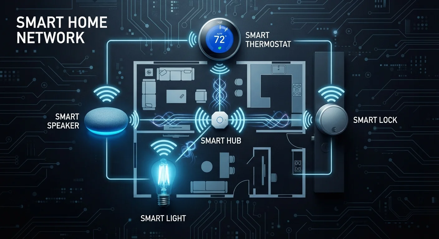 Wireless signal lines connecting various smart home devices on a dark background