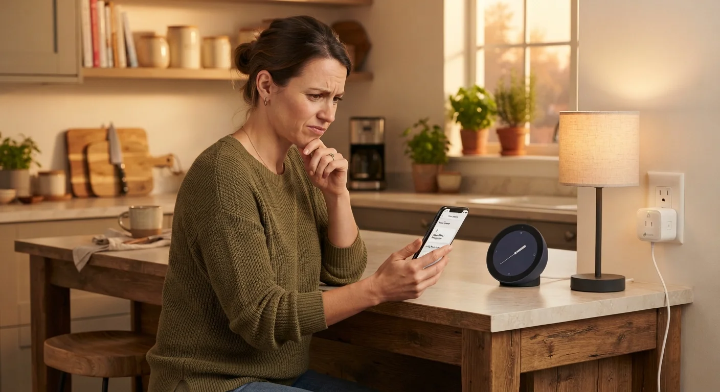 Person holding a smartphone near an unresponsive smart plug on a kitchen counter