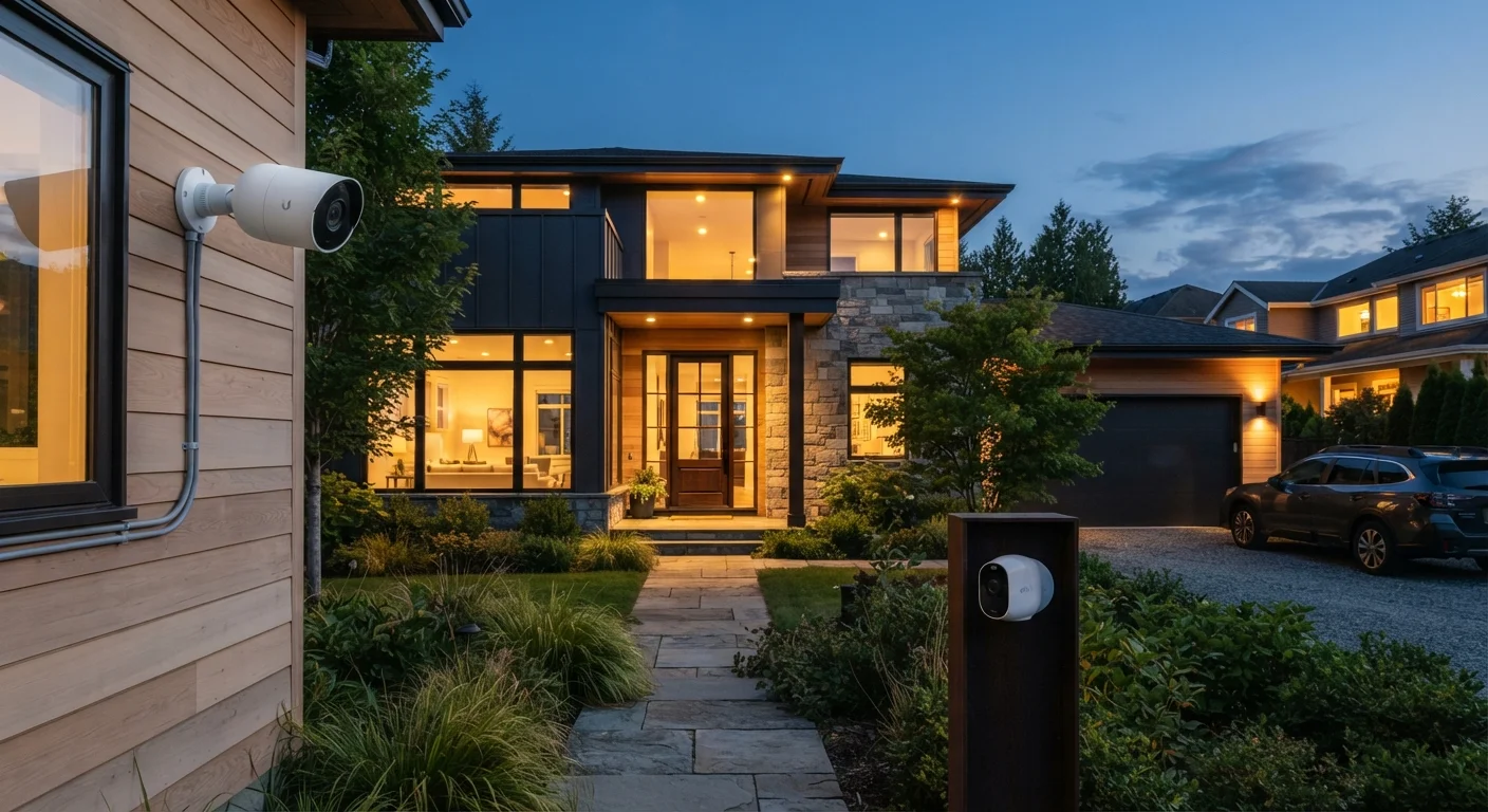 Two home security cameras side by side — one wired, one wireless — mounted on a house exterior